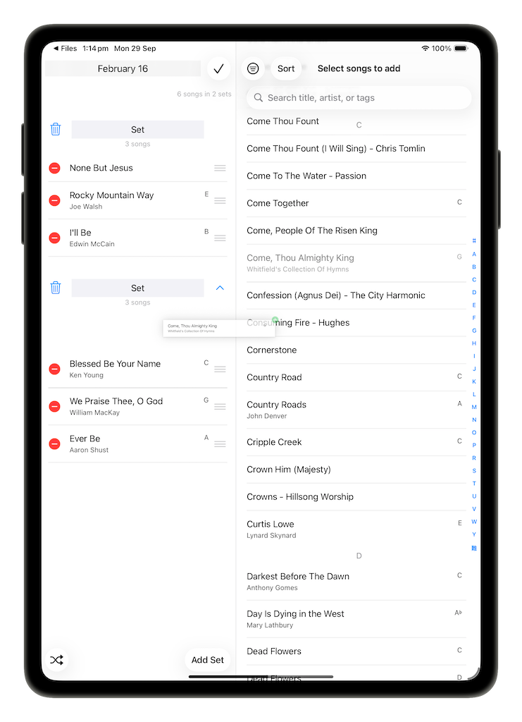Drag and drop songs while editing setlists